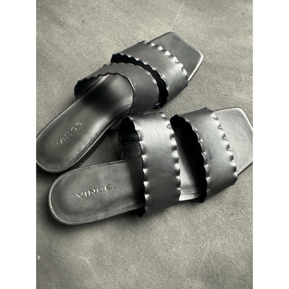 Vince Black Leather Scalloped Slide Sandals Square Toe Mules Shoes Womens 6M 36